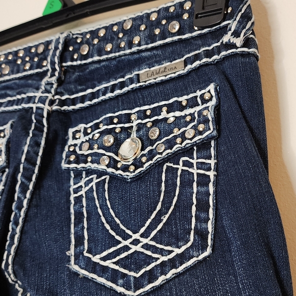 LA Idol Vintage Rhinestone Jeans Horse Shoe Pocket Long Womens Jeans - Picture 12 of 14